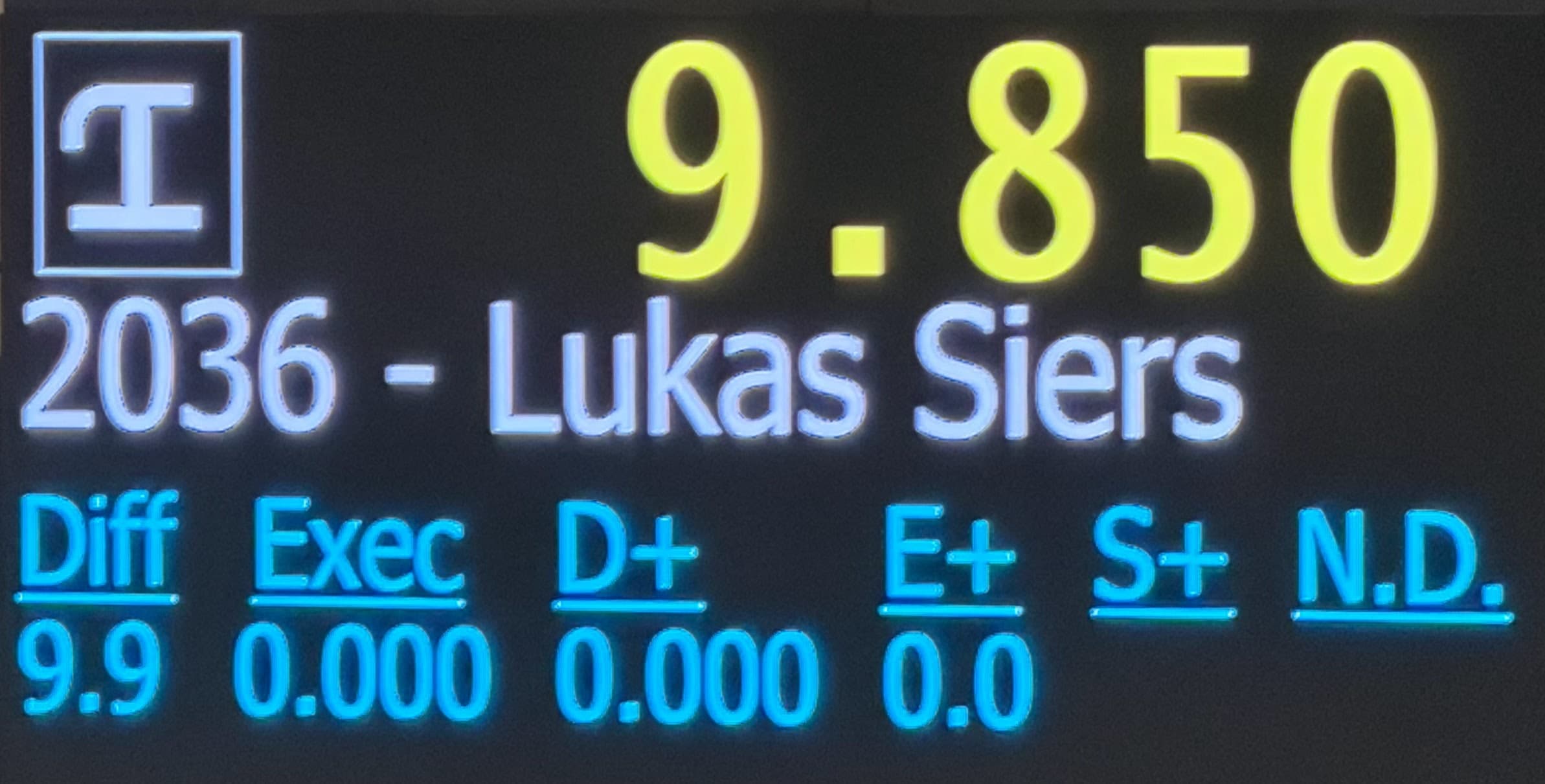 A competition scoreboard showing Lukas’s 9.850 vault score.