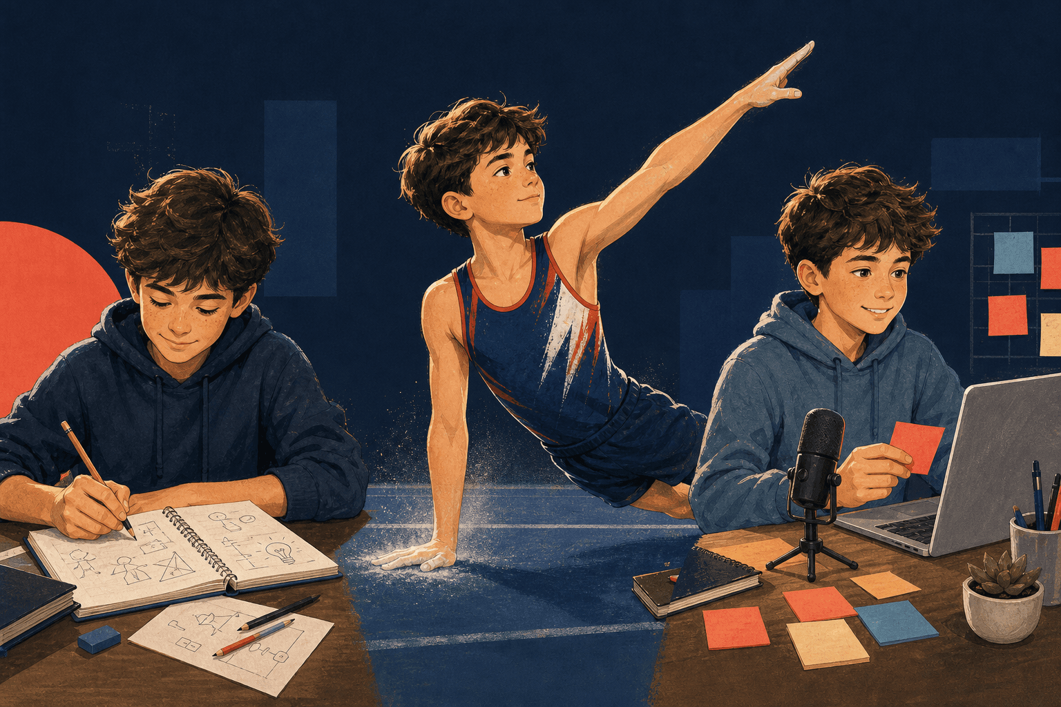 An illustrated student, gymnast, and young builder shown as three connected versions of the same kid.